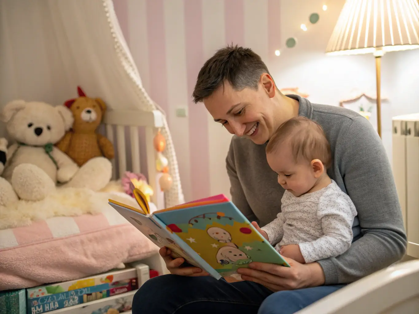A nurturing nanny is reading a book to two children in a cozy and well-decorated nursery, showcasing a warm and educational childcare setting.