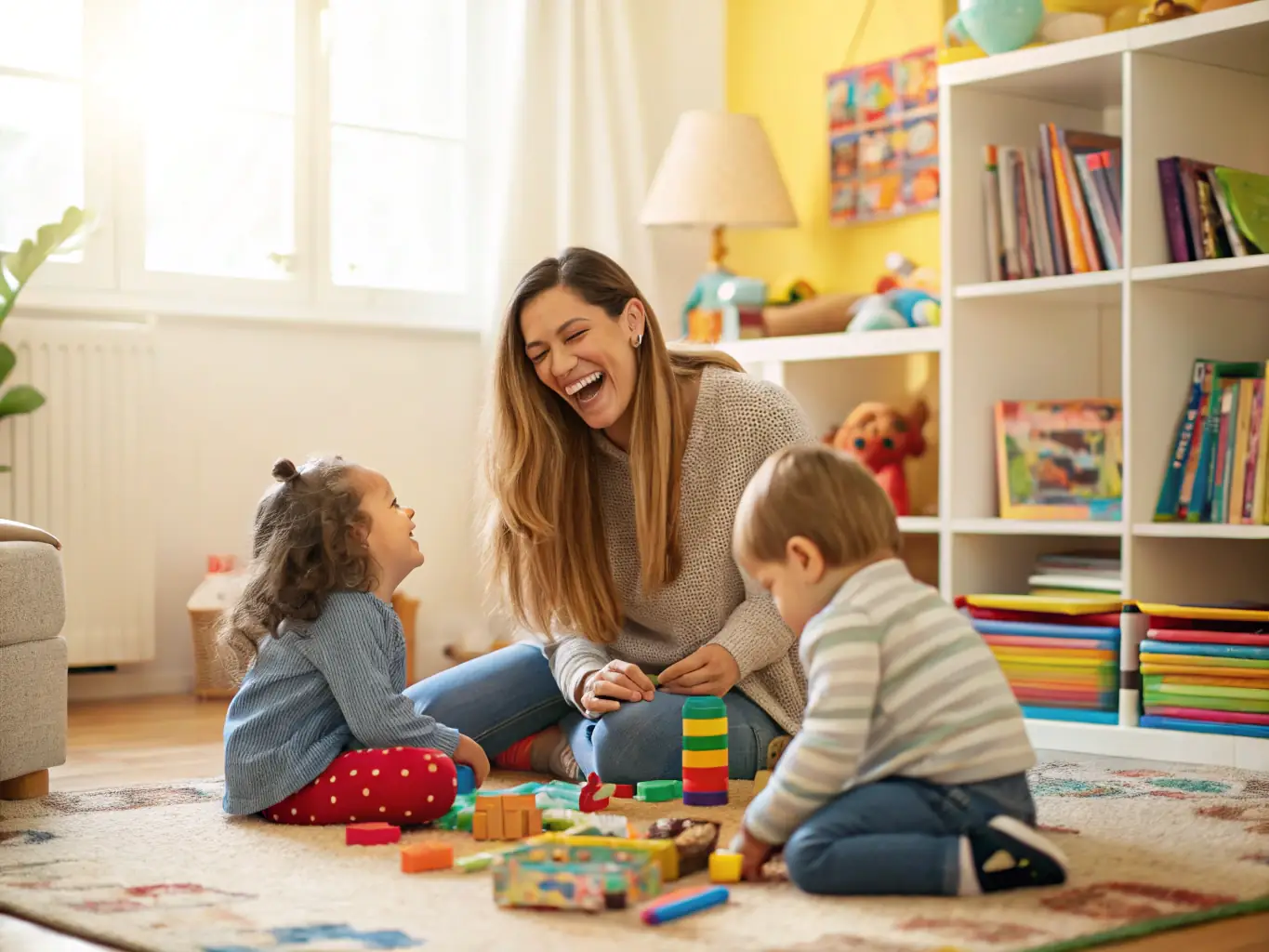 A cheerful babysitter is playing with two children in a sunlit living room, surrounded by toys and books, illustrating a safe and engaging childcare environment.