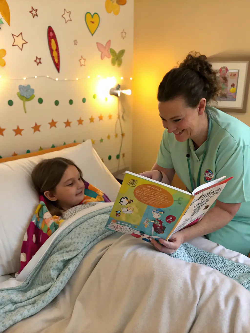 A caregiver reading a book to a child, both sitting comfortably on a colorful rug in a cozy living room setting.