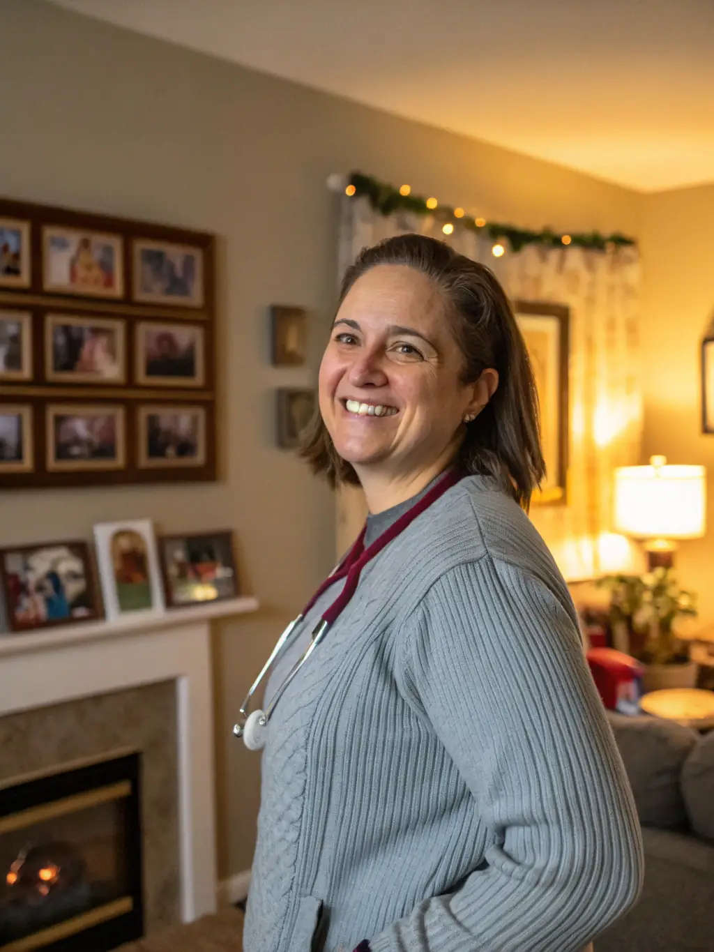 A professional headshot of a smiling female caregiver with short brown hair, wearing a light blue polo shirt, indoors, with a blurred background of a child's playroom.