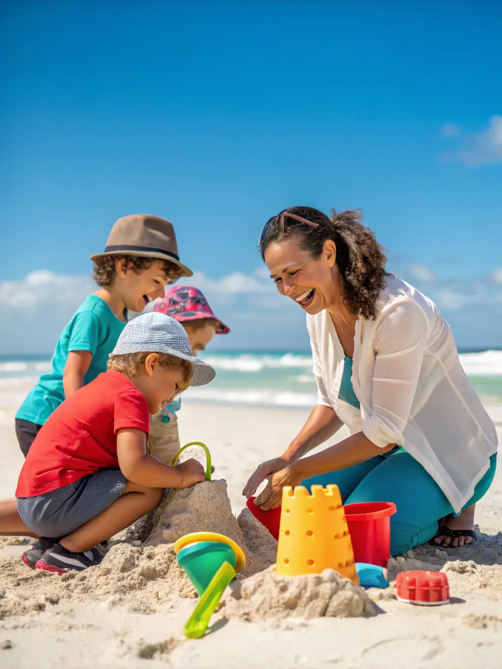 A photo of a male nanny playing with two children in a park, all smiling and engaged in building a sandcastle.