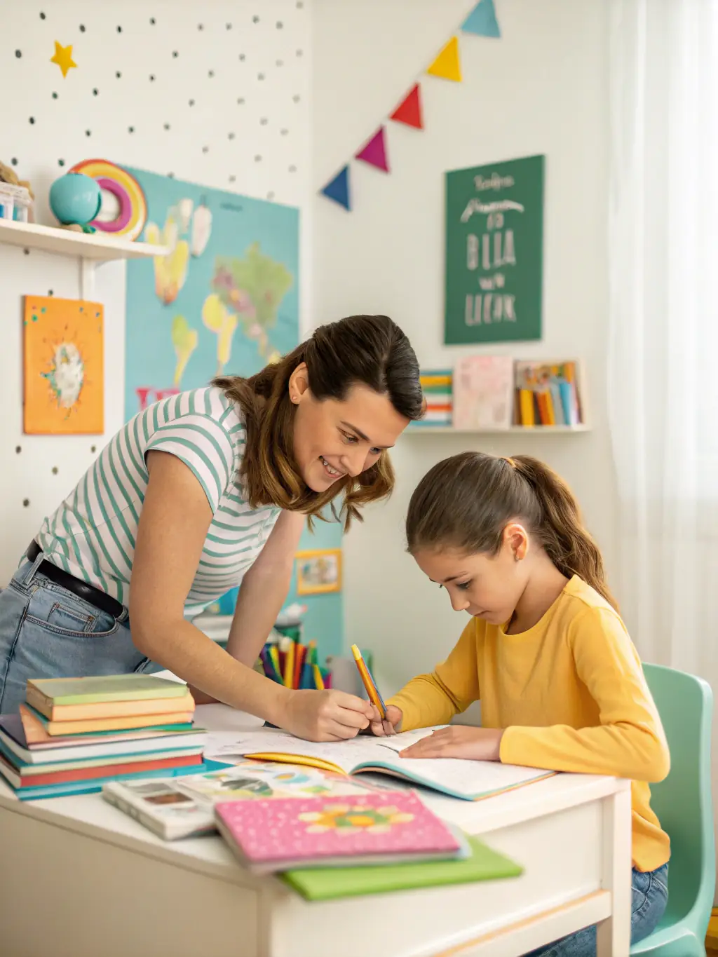 A caregiver helping a child with their homework at a desk, with educational materials and books visible in the background.